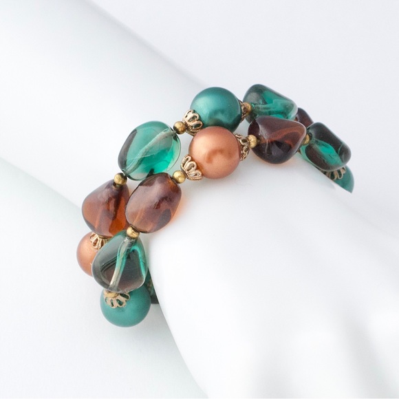 Vintage Crown Trifari Art Glass & Faux Pearl Bracelet Beaded Double Strand - Picture 6 of 6